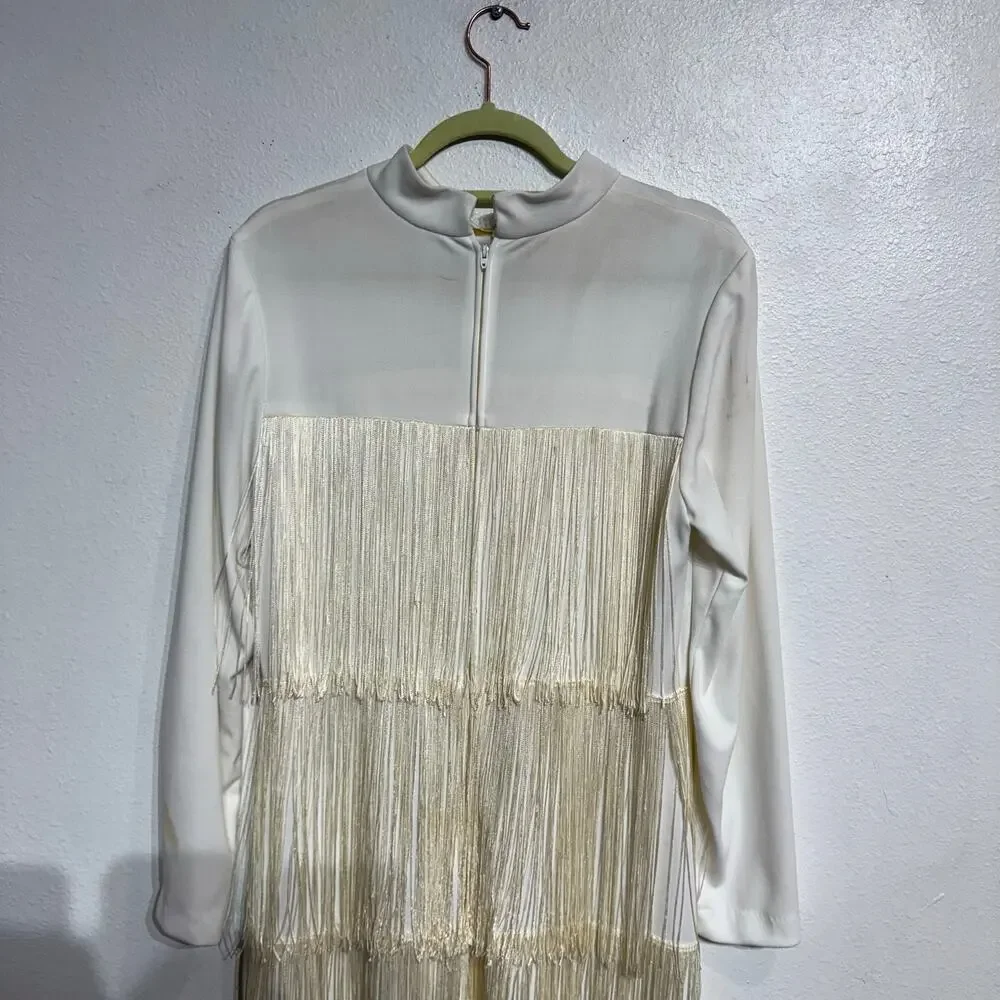 White Vintage Fringe Long Sleeve Maxi Dress Sz M - Picture 8 of 13